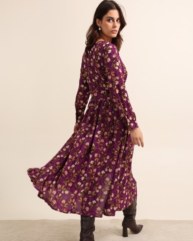 Robe longue violine à imprimé fleuri