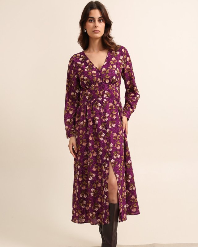 Robe longue violine à imprimé fleuri