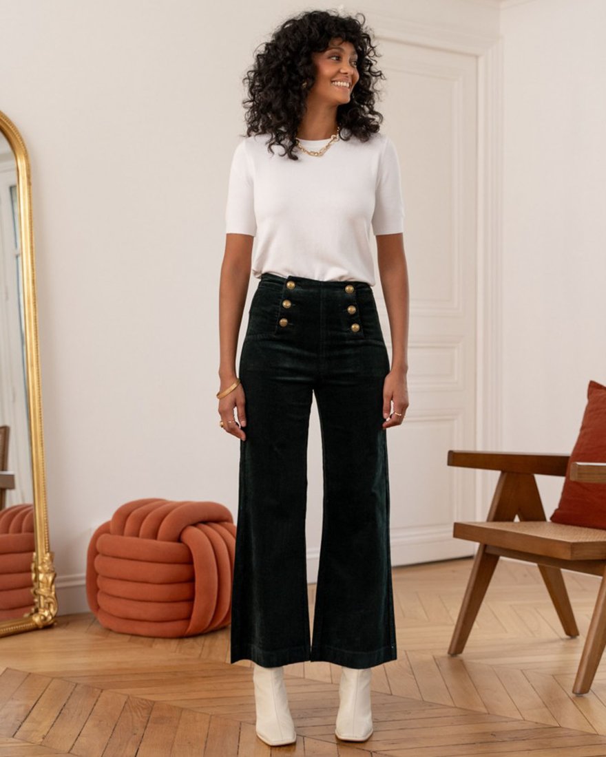 Pantalon à pont en velours côtelé vert sapin