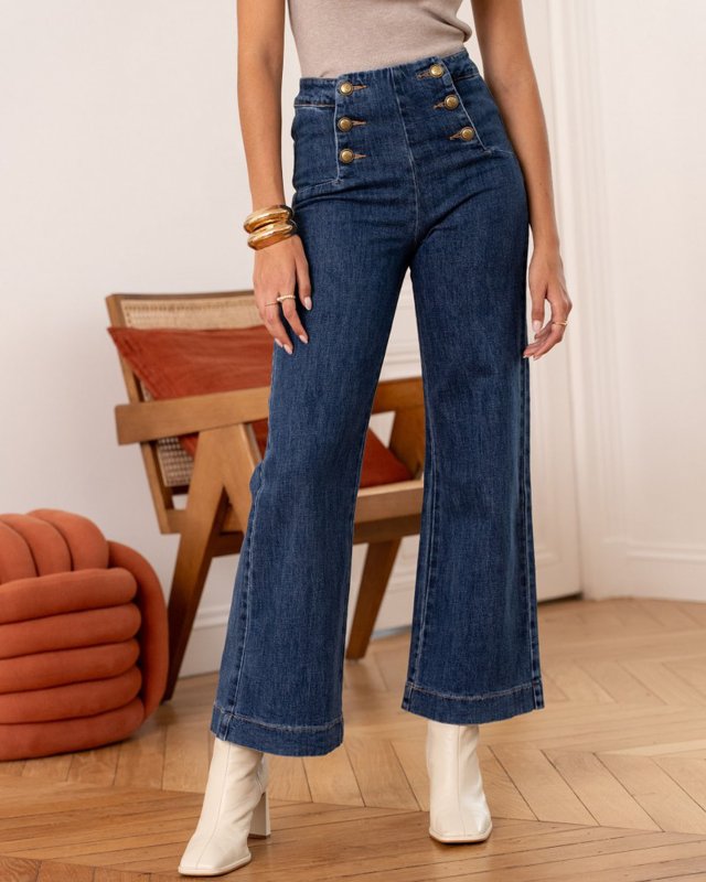 Jean wide à pont en denim foncé avec boutons