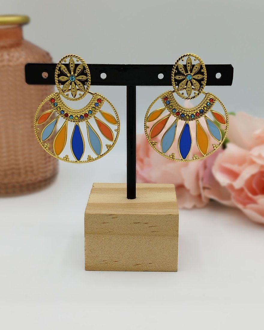 Boucles d'oreilles rondes bleues et oranges en acier