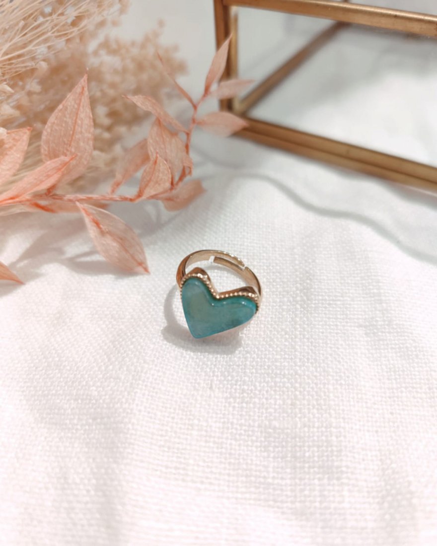 Bague à coeur turquoise en acier doré