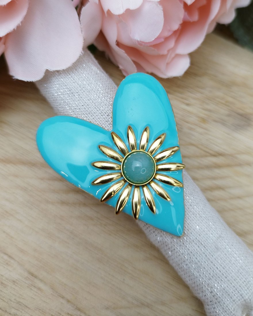 Grosse bague coeur bleu en acier doré