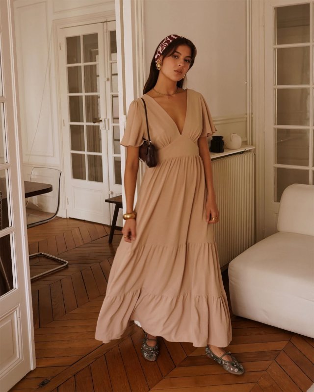 Robe longue unie beige