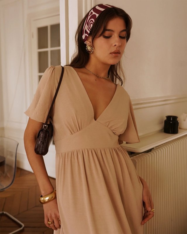 Robe longue unie beige