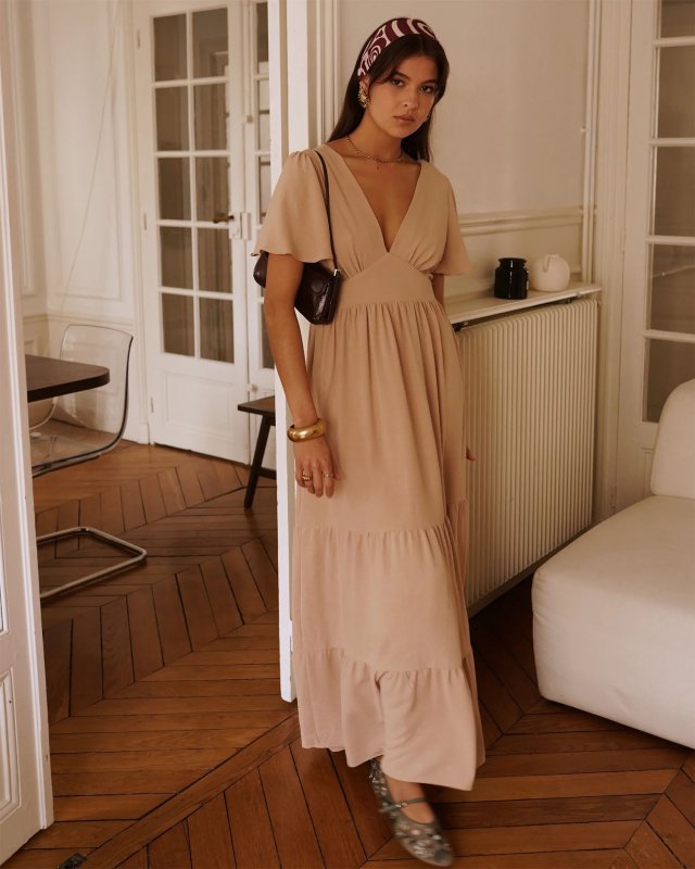 Robe longue unie beige