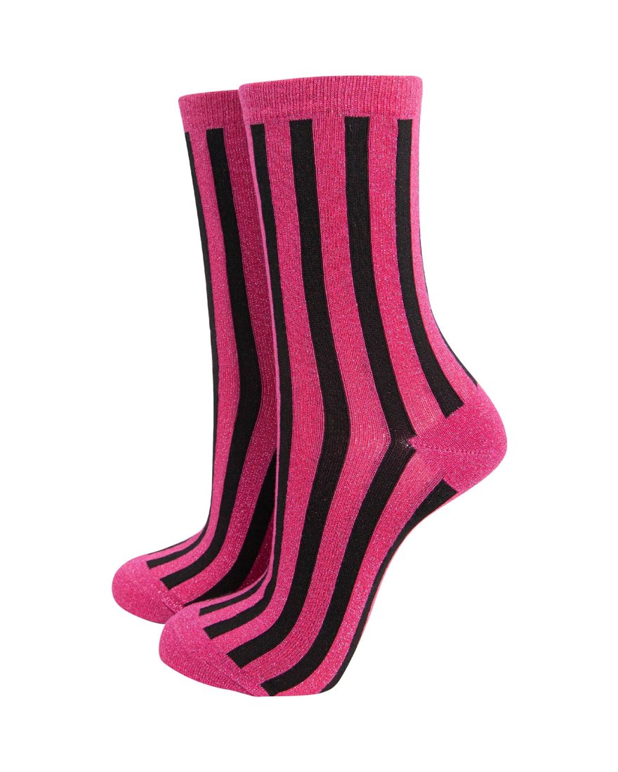 Chaussettes pailletées à rayures noires et roses