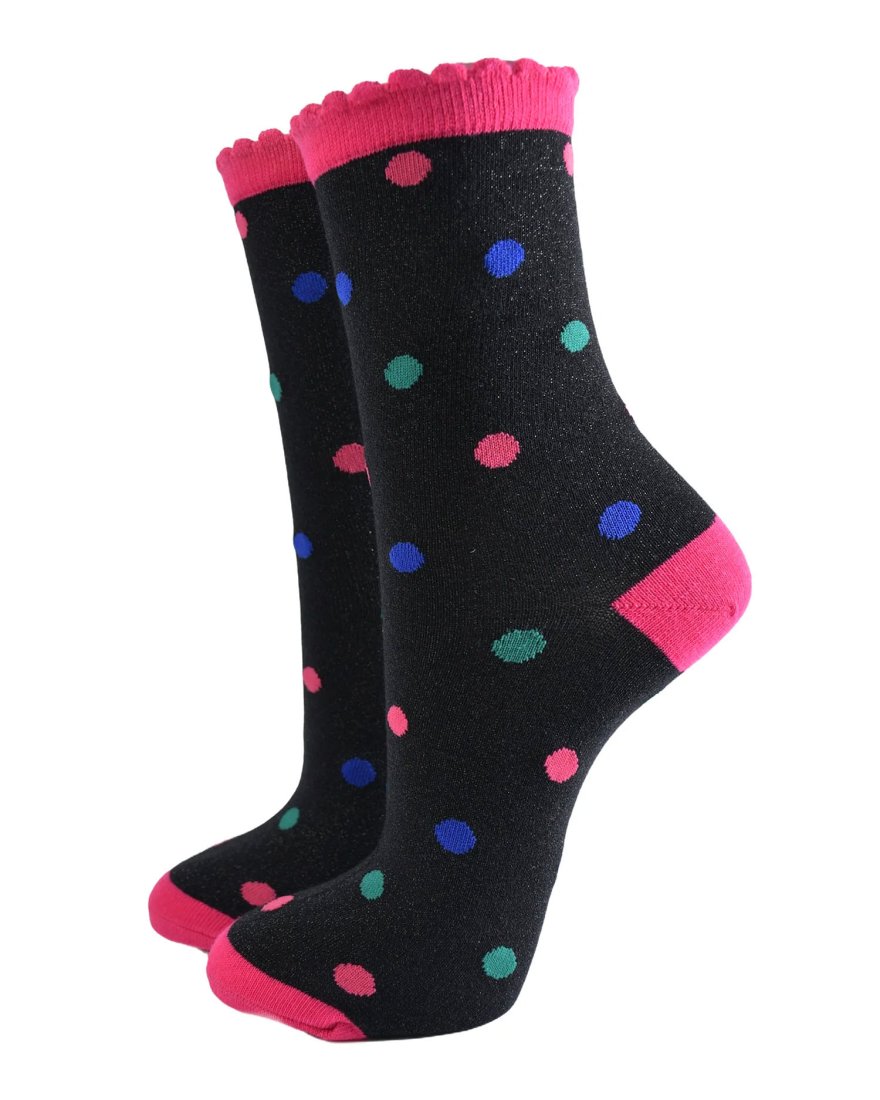 Chaussettes noires pailletées à pois multicolores