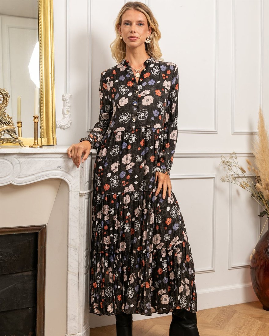 Longue robe chemise délavée à fleurs
