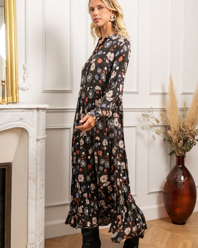 Longue robe chemise délavée à fleurs