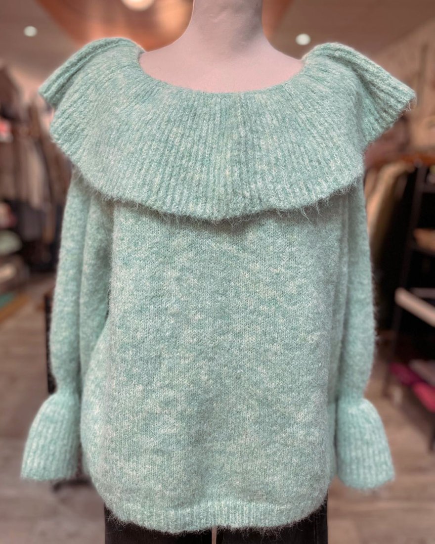 Pull vert d'eau pailletté à col pierrot