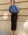 Pantalon à pont Victorine en velours côtelé chocolat