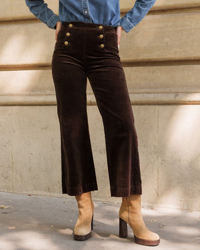 Pantalon à pont Victorine en velours côtelé chocolat