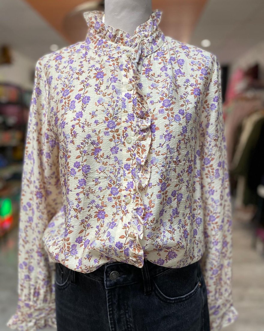 Chemisier beige à fleurs mauves