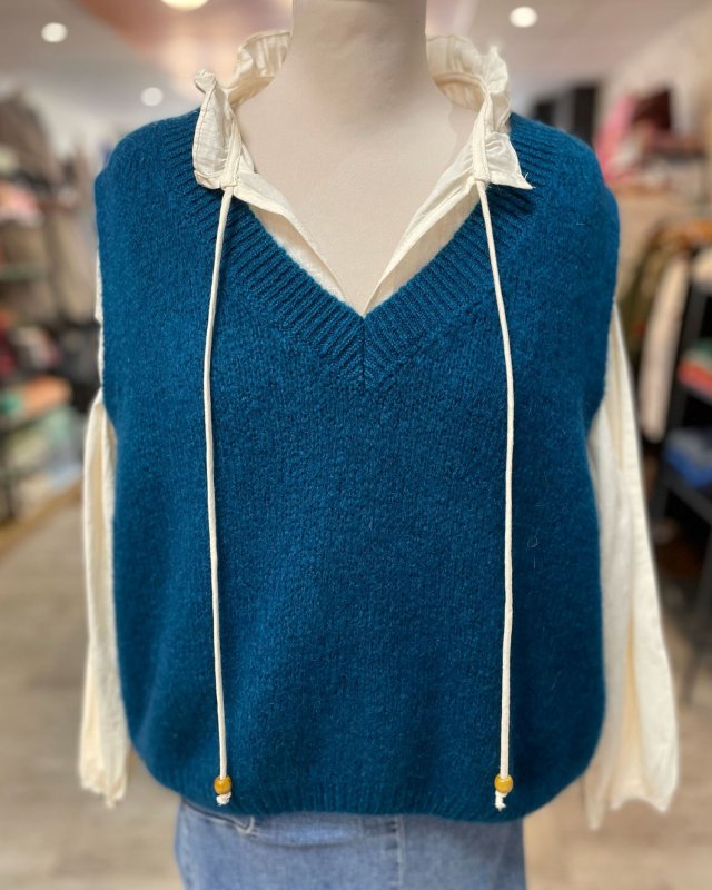 Pull sans manches à col V côtelé