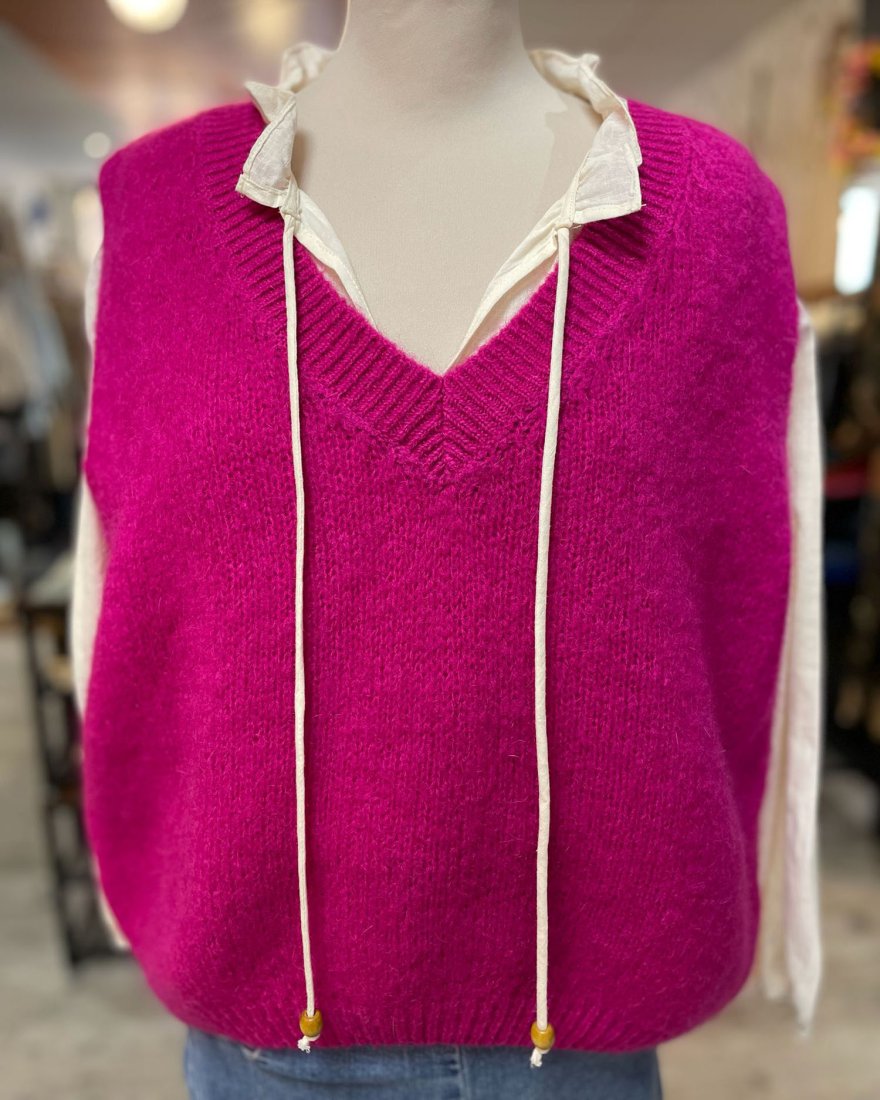 Pull sans manches à col V côtelé