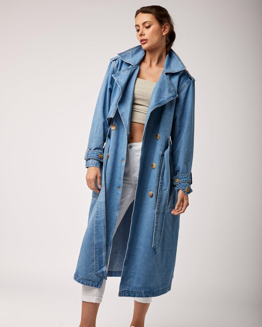 Long trench fendu en jean bleu