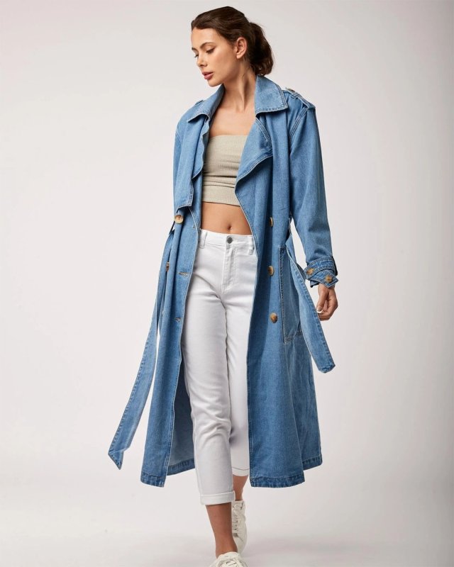 Long trench fendu en jean bleu