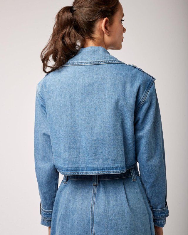 Long trench fendu en jean bleu