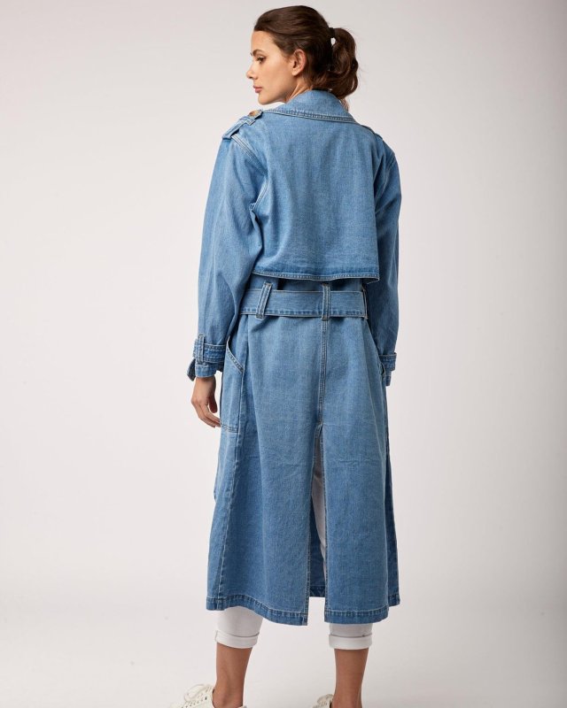 Long trench fendu en jean bleu