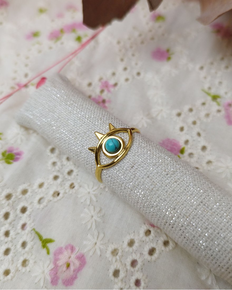 Bague dorée en forme d'oeil avec une turquoise