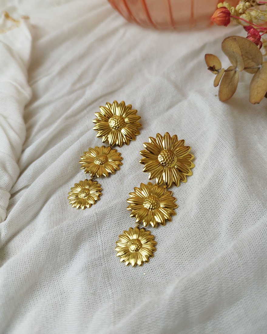 Boucles d'oreilles pendantes à 3 tournesols dorés