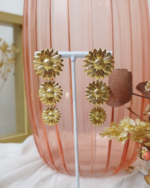 Boucles d'oreilles pendantes à 3 tournesols dorés