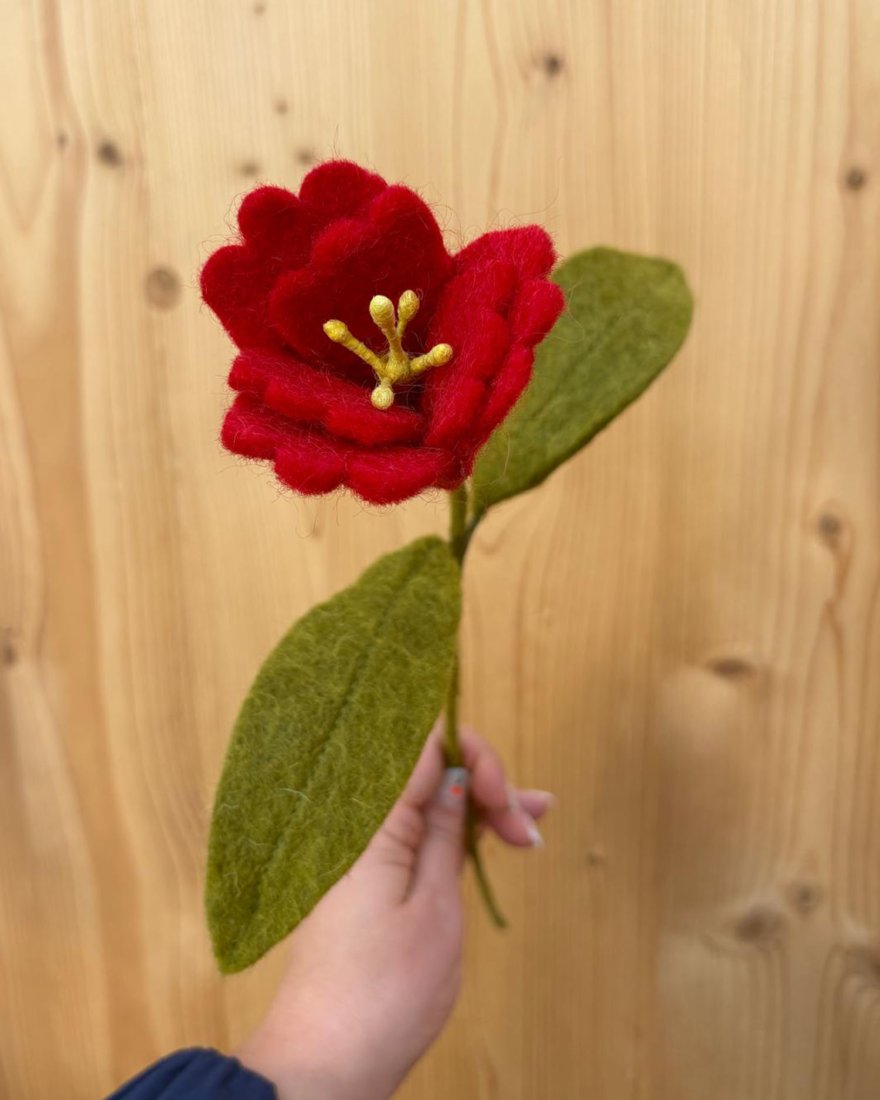 Tulipe rouge décorative en laine feutrée
