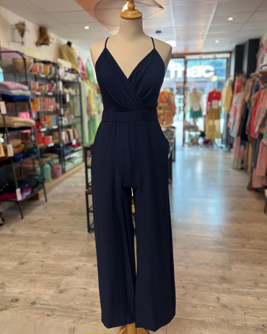 Combinaison pantalon bleu marine à dos croisé