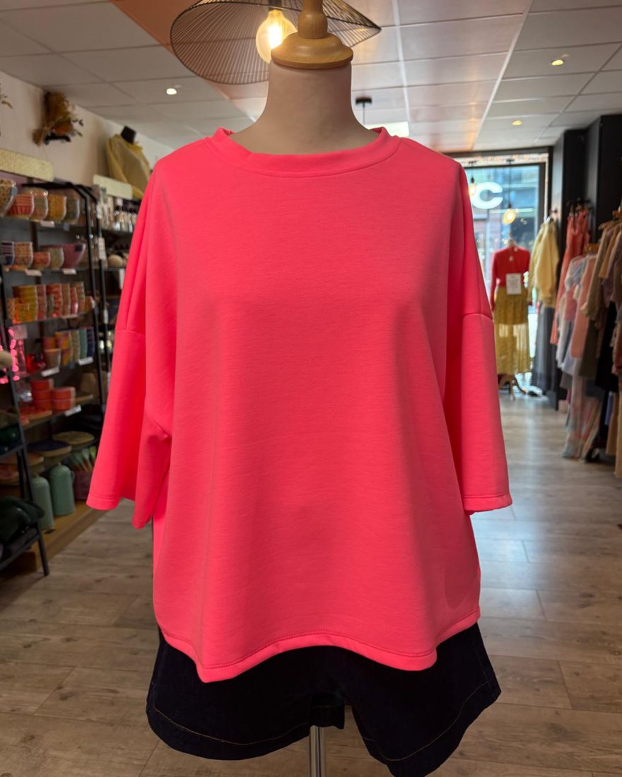 Tee shirt oversize rose fluo à manches courtes