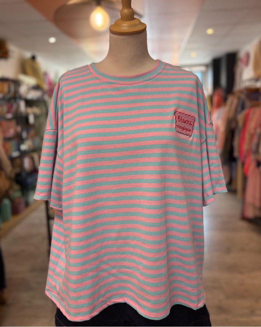 Tee shirt Bisou Magique à rayures bleu et rose