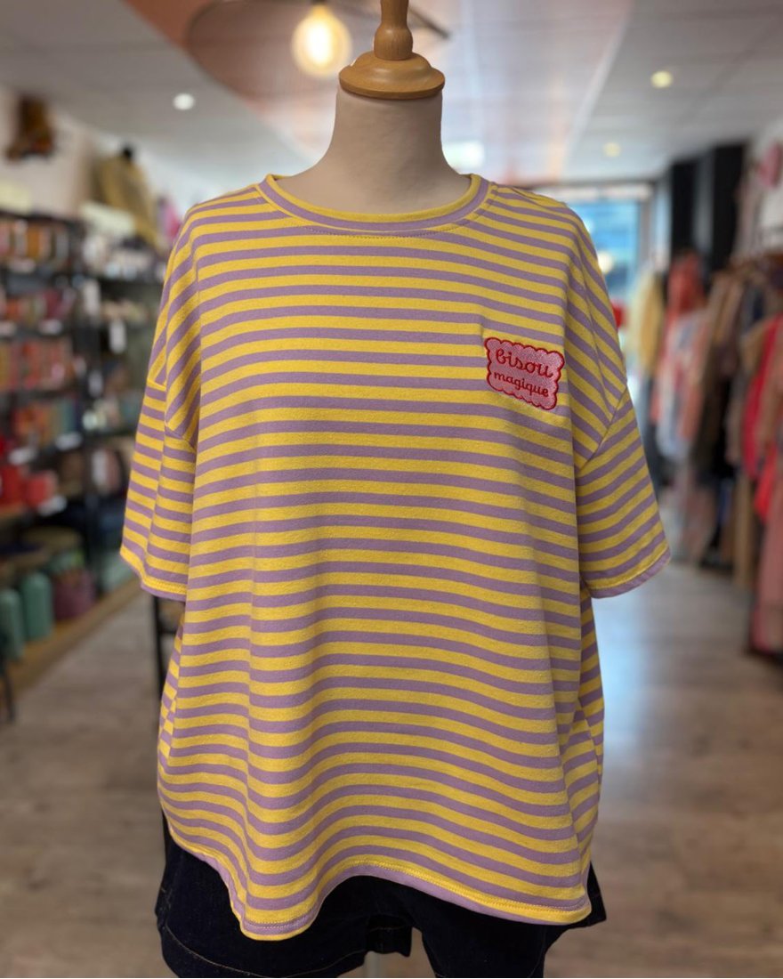Tee shirt Bisou Magique à rayures jaune et mauve