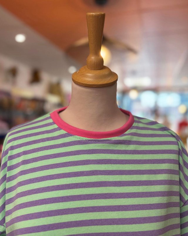 Tee Shirt rayé menthe et mauve à manches courtes