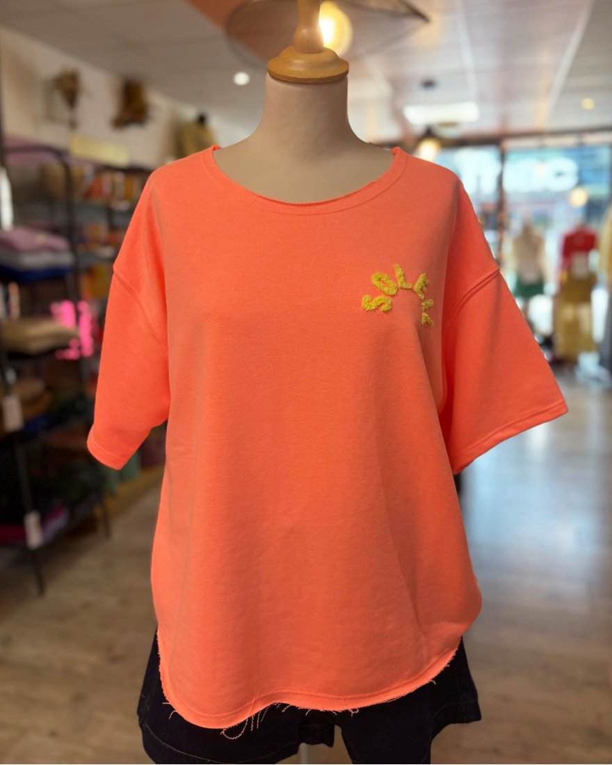 Sweat orange à message "Soleil" multicolore