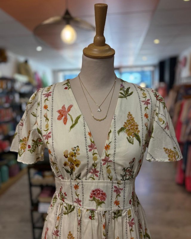 Robe courte beige à imprimé floral multicolore