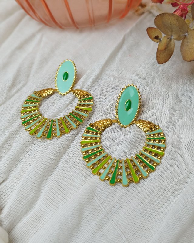 Boucles d'oreilles éventail doré et vert