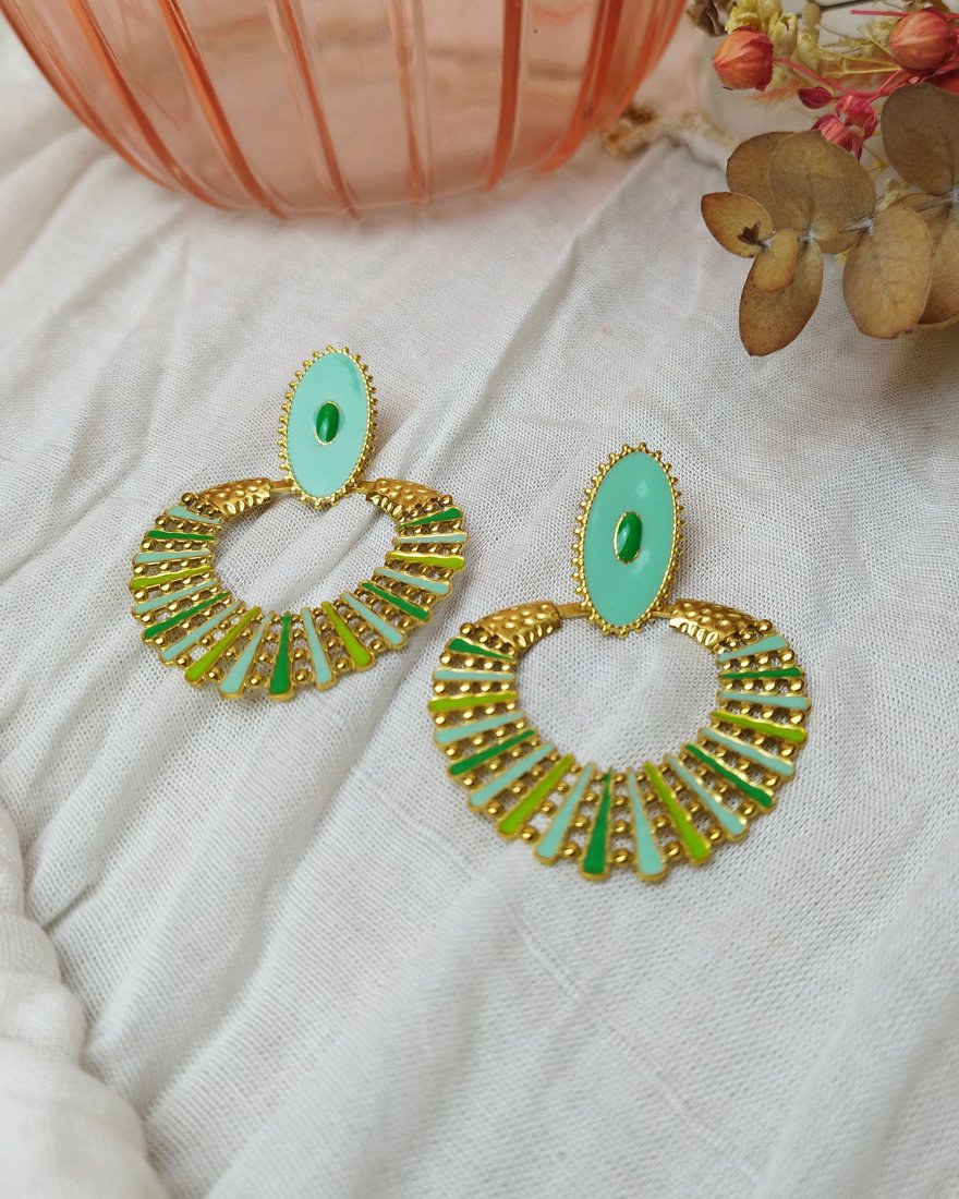 Boucles d'oreilles éventail doré et vert