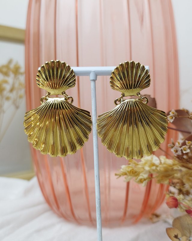 Boucles d'oreilles à doubles coquillages en acier doré