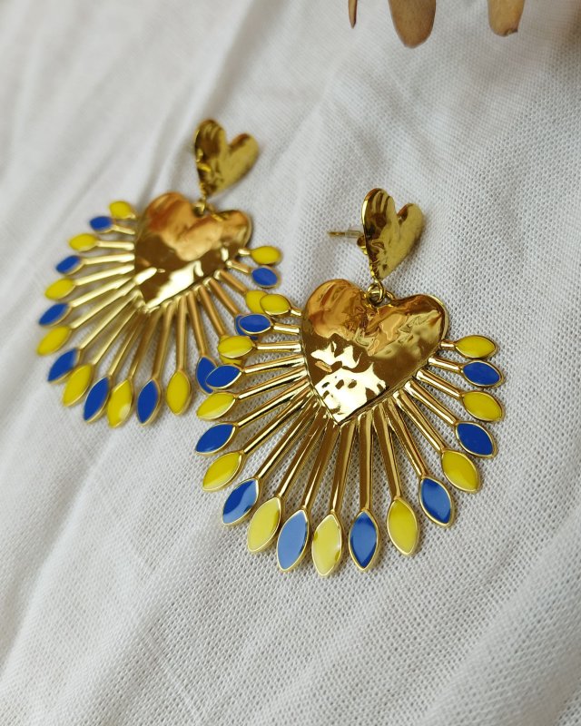 Boucles d'oreilles coeur à rayon de soleil bleu et jaune
