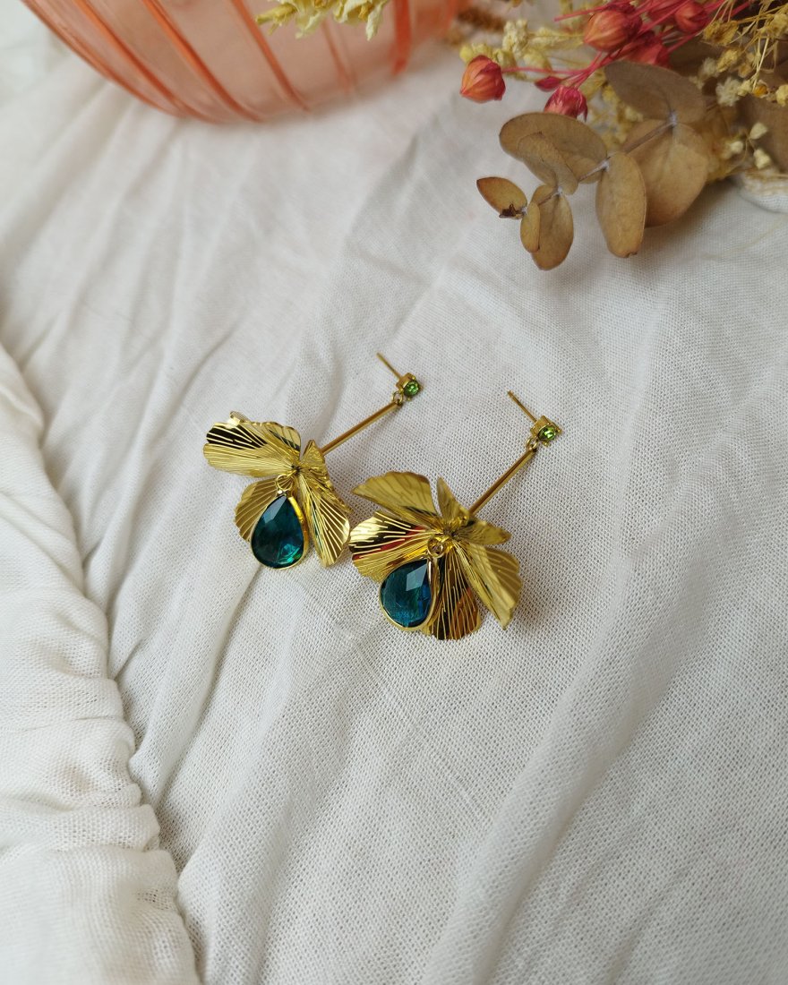 Boucles d'oreilles pendantes fleur dorée et goutte turquoise