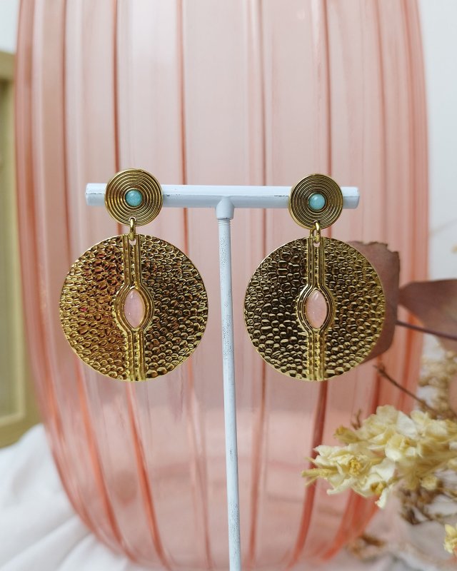 Boucles d'oreilles rondes en acier texturé et petites pierres