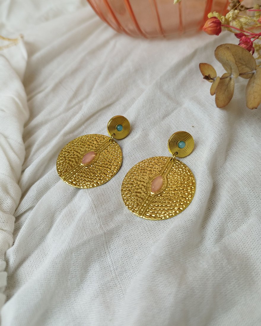 Boucles d'oreilles rondes en acier texturé et petites pierres