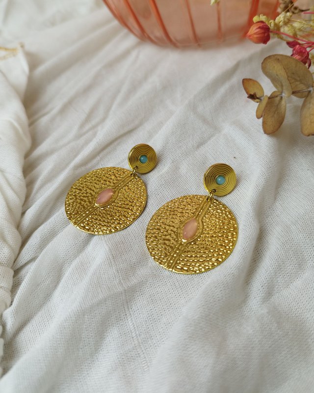 Boucles d'oreilles rondes en acier texturé et petites pierres