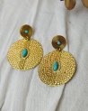 Boucles d'oreilles rondes en acier texturé et petite pierres turquoise