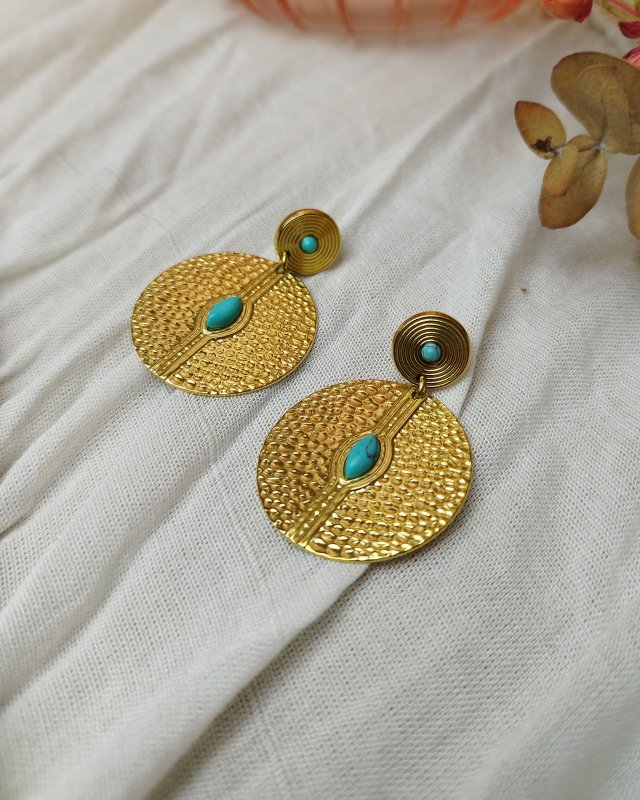 Boucles d'oreilles rondes en acier texturé et petite pierres turquoise