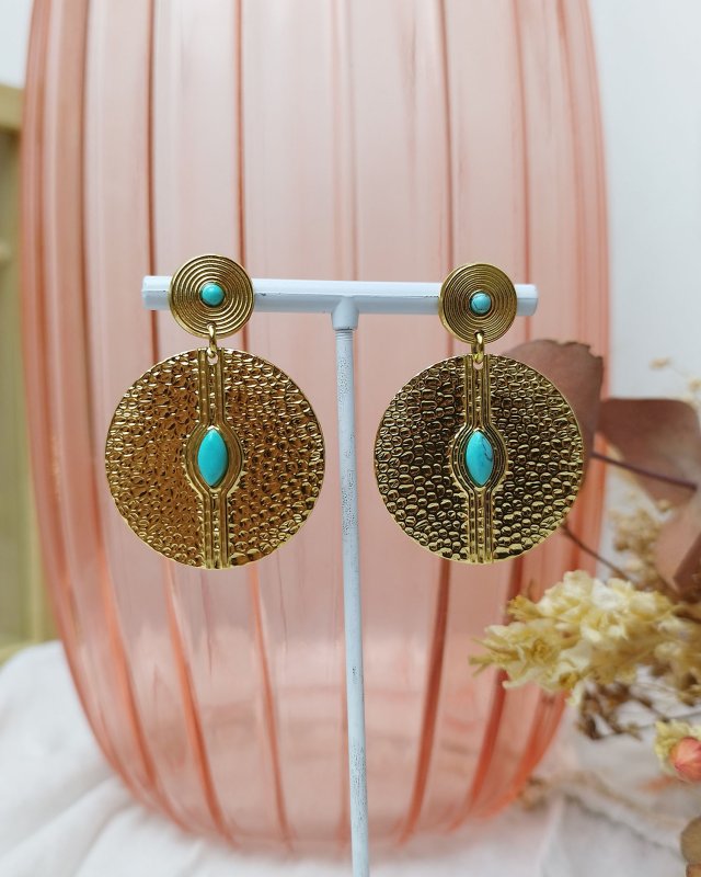 Boucles d'oreilles rondes en acier texturé et petite pierres turquoise