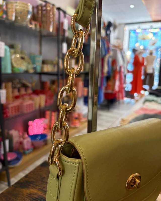 Petit sac en cuir avec une bandoulière en cuir et maillons dorés