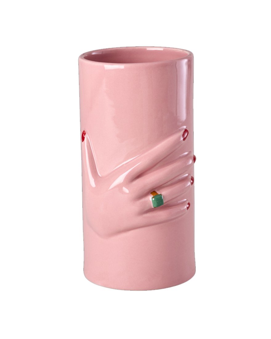Vase en céramique rose avec une main en relief