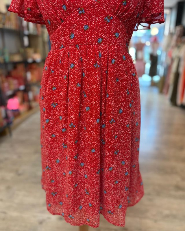 Robe rouge à petites fleurs bleues