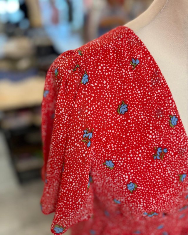 Robe rouge à petites fleurs bleues